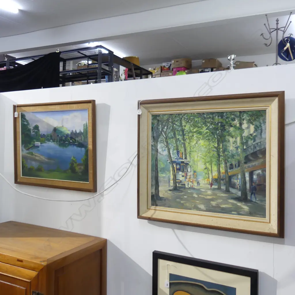 2 LARGE OIL ARTWORKS; KAY ROBSON STREET SCENE 490x590mm + DAVID STONE 'MT WELLINGTON TAMAKI ESTUARY' Image 1++