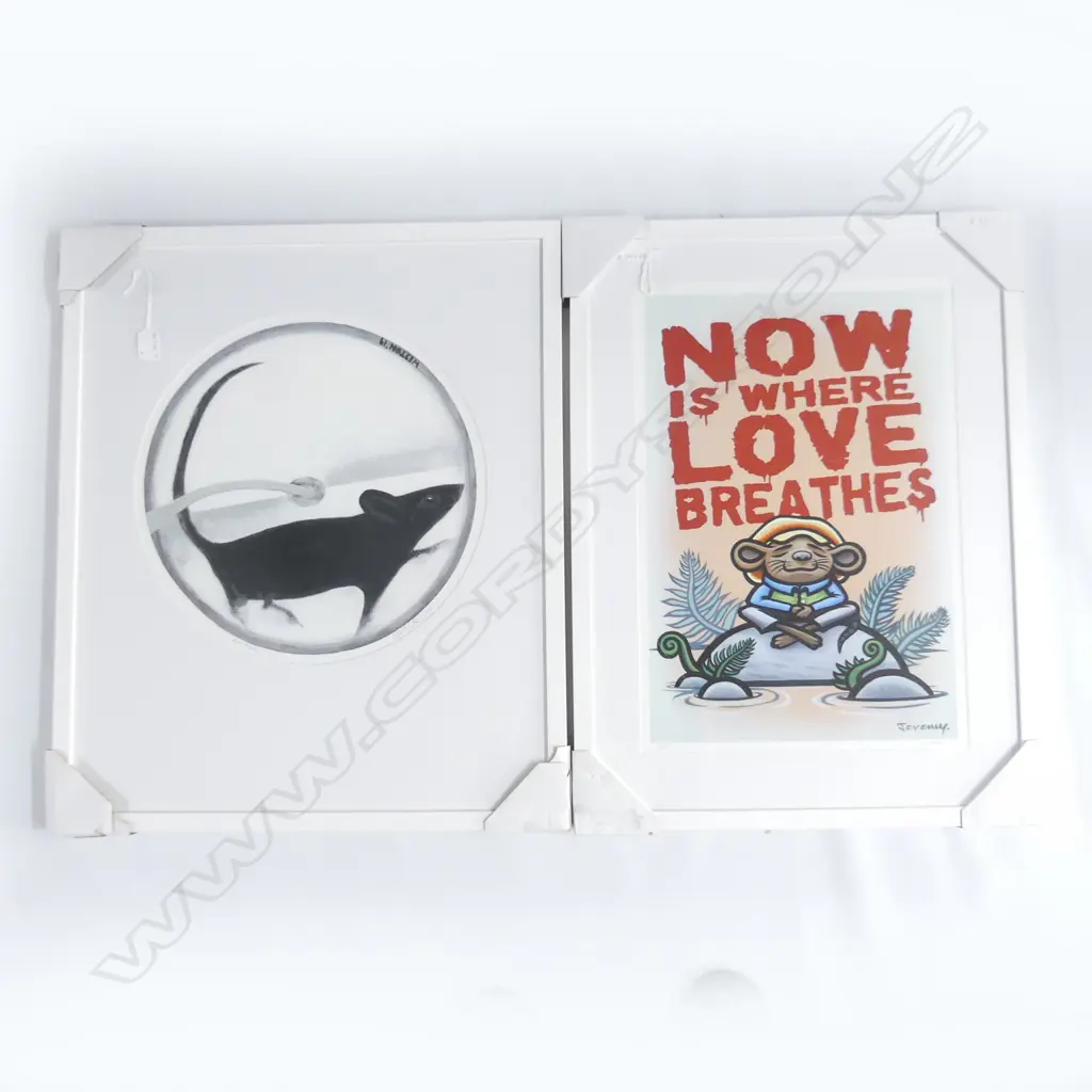 2 ART PRINTS; JEREMY 1/21 'NOW IS WHERE LOVE BREATHES' 520x350 + M. WESTON 'RAT RACE' 1/21 400mm dia Image 1++