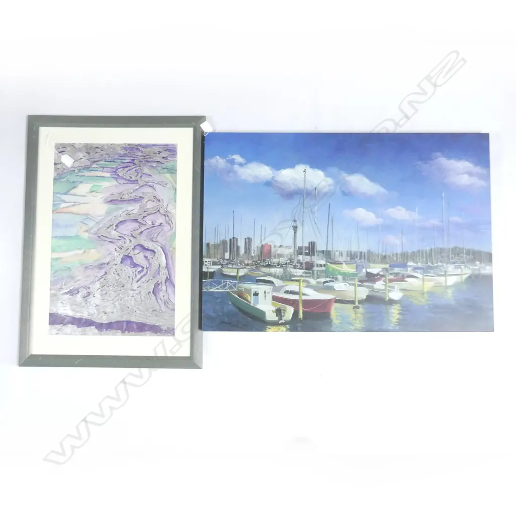 2 ARTWORKS; COLLEEN O'CONNOR 'STREAM - WAIMAKARIRI' MIXED MEDIA 550x360 + AUCKLAND YACHTS CANVAS PRINT 560x800mm Image 1++