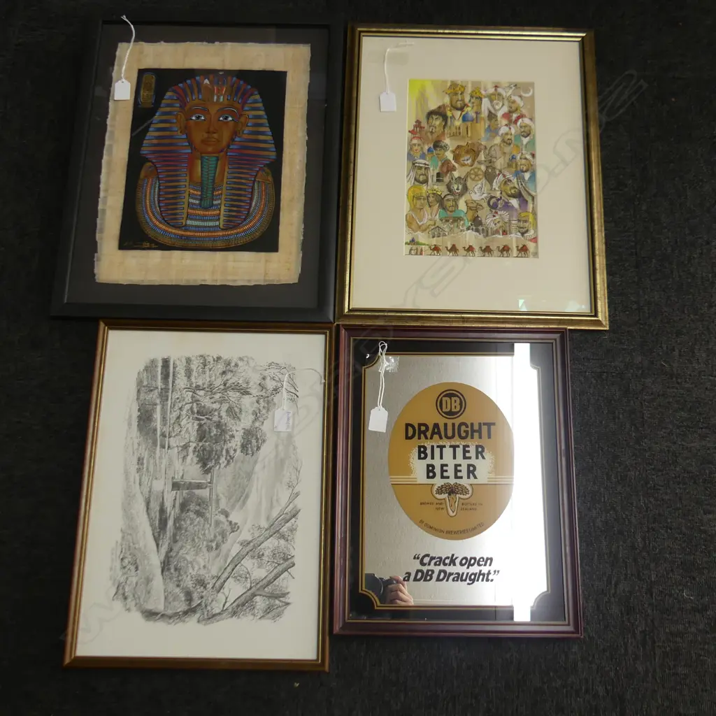 4 ARTWORKS; 'HISTORY OF SAMARKAND' W/C ON FABRIC 300x200, PHARAOH PRINT, PETER ARNOLD AKATARAWA PRINT, DB BEER MIRROR   Image 1++