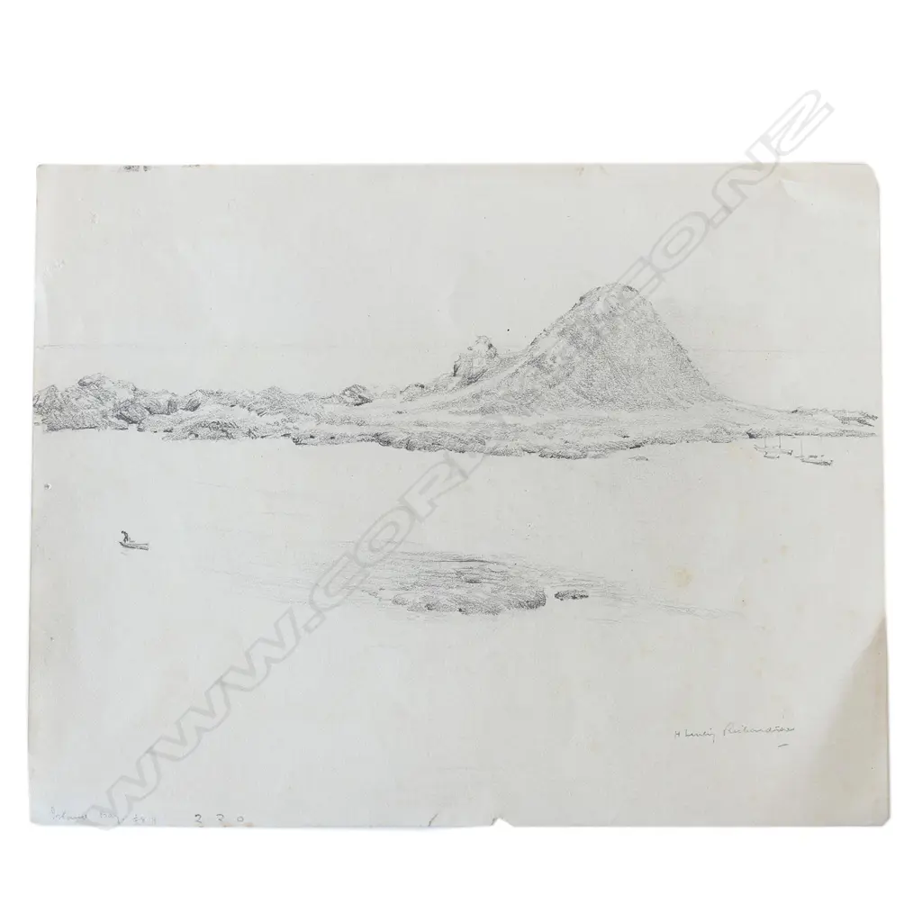 H.L. RICHARDSON PENCIL SKETCH ISLAND BAY SIGNED & H.L. RICHARDSON W/C EXT. LANDSCAPE. GIRLS ON REVERSE Image 1++