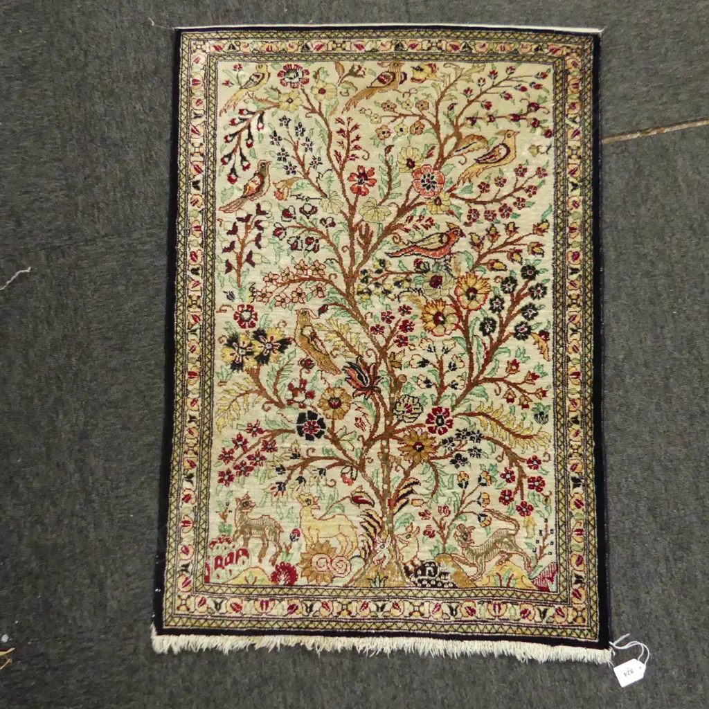 SMALL FINELY HAND KNOTTED SILK RUG 'TREE OF LIFE' DESIGN 800x570mm Image 1++