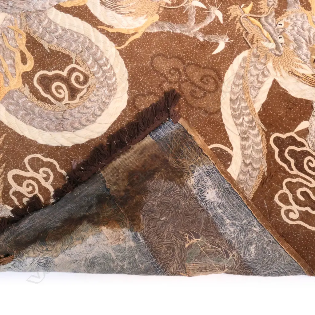 LARGE EMBROIDERED PANEL w. SILVER THREAD DRAGONS ON BROWN GROUND 1680x1090mm Image 1++