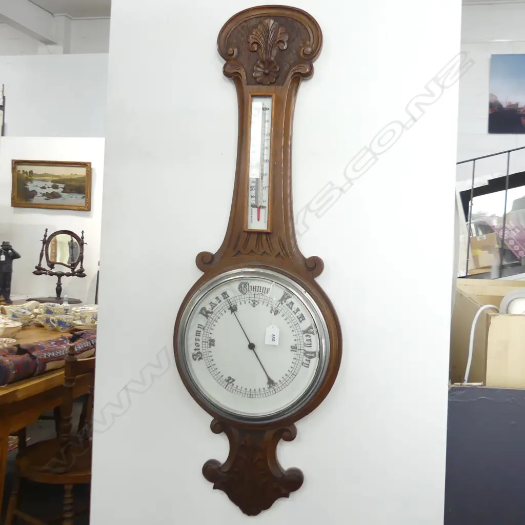C1910 LGE CARVED OAK BANJO BAROMETER / THERMOMETER H.980mm Image 1++