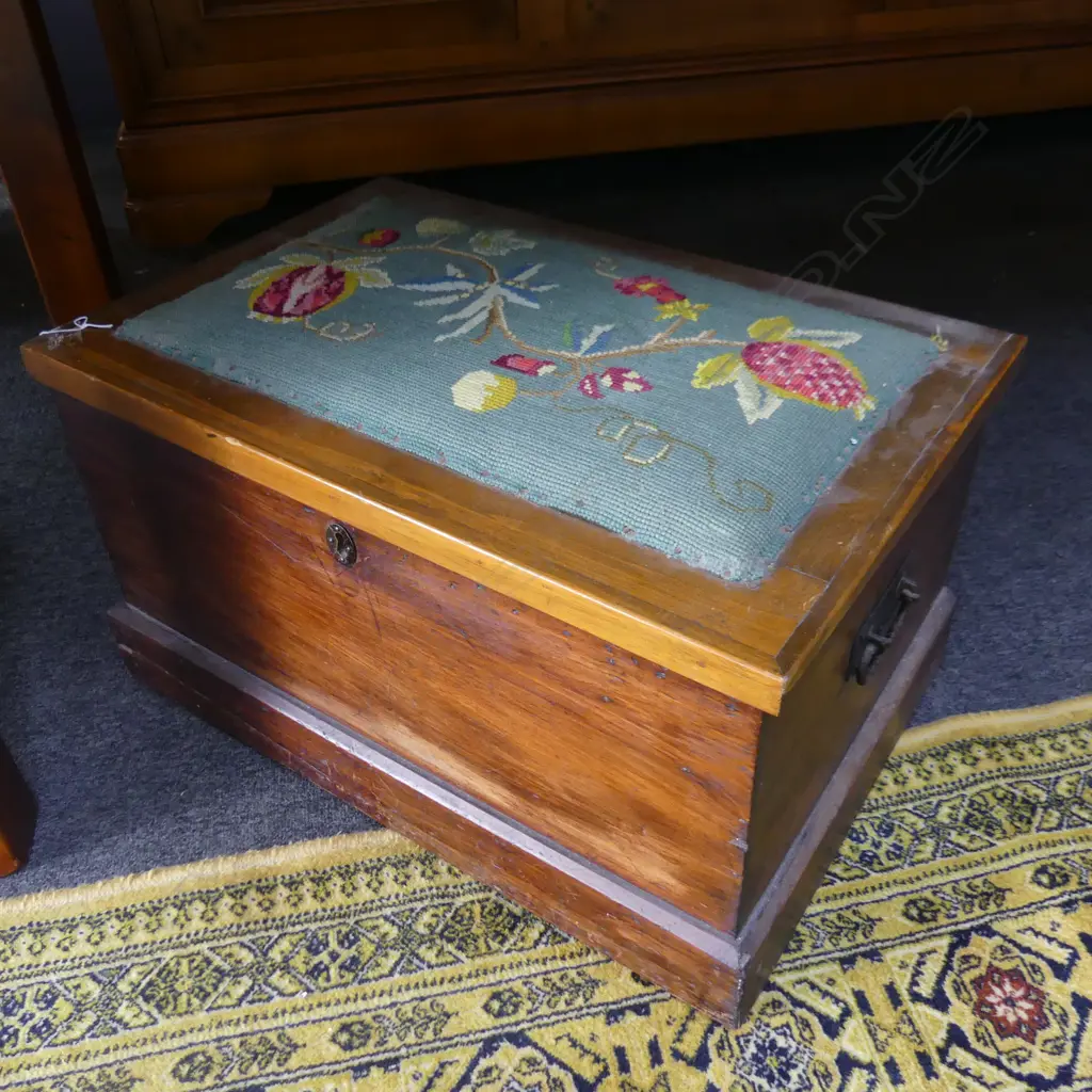 WOOD BOX WITH TAPESTRY TOP/SUITCASE/4 BOWLING BALLS Image 1++