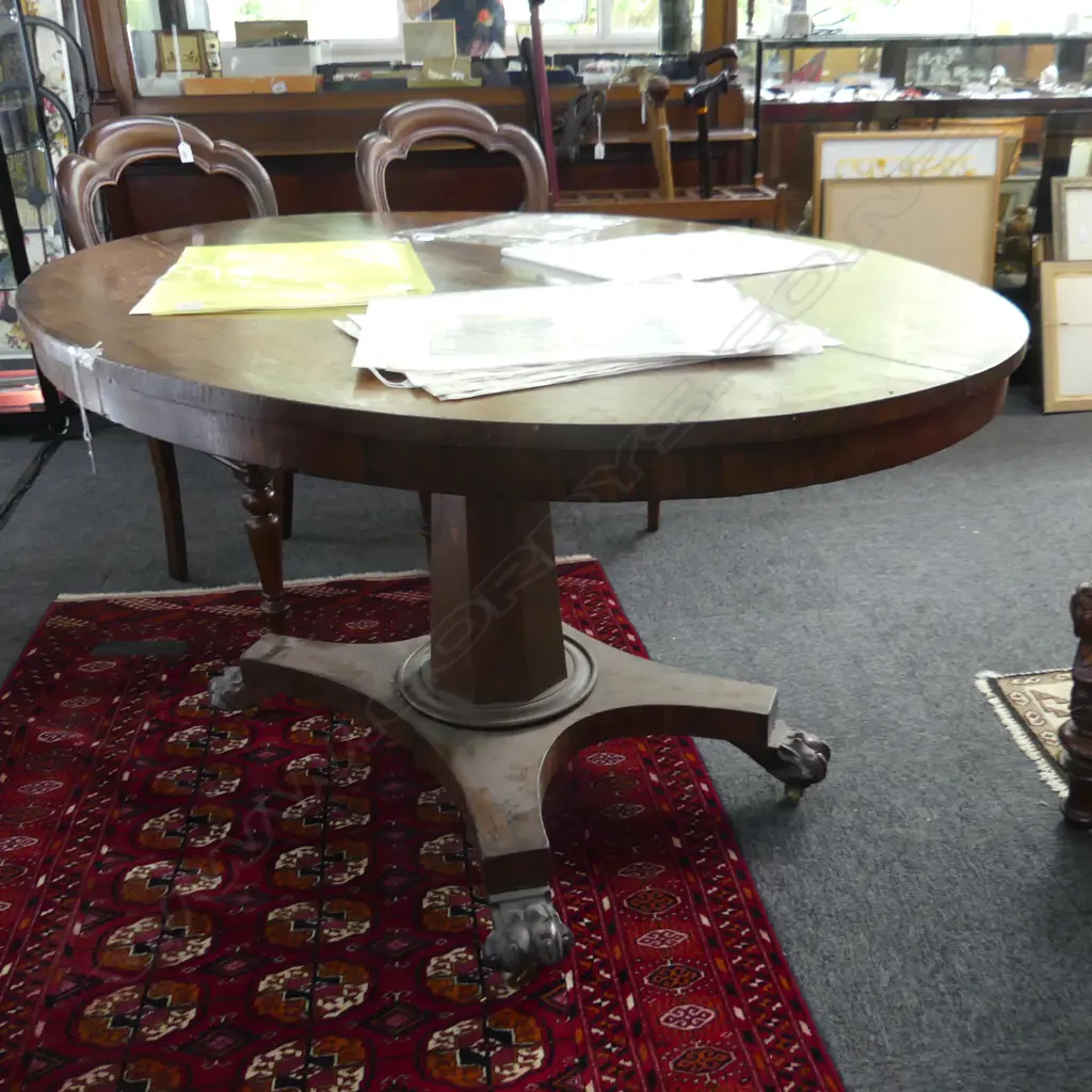 REGENCY ROSEWOOD TILT-TOP SUPPER TABLE OCTAGONAL COLUMN PAW FEET BRASS CASTERS 1330 x 1060 x 750mm Image 1++