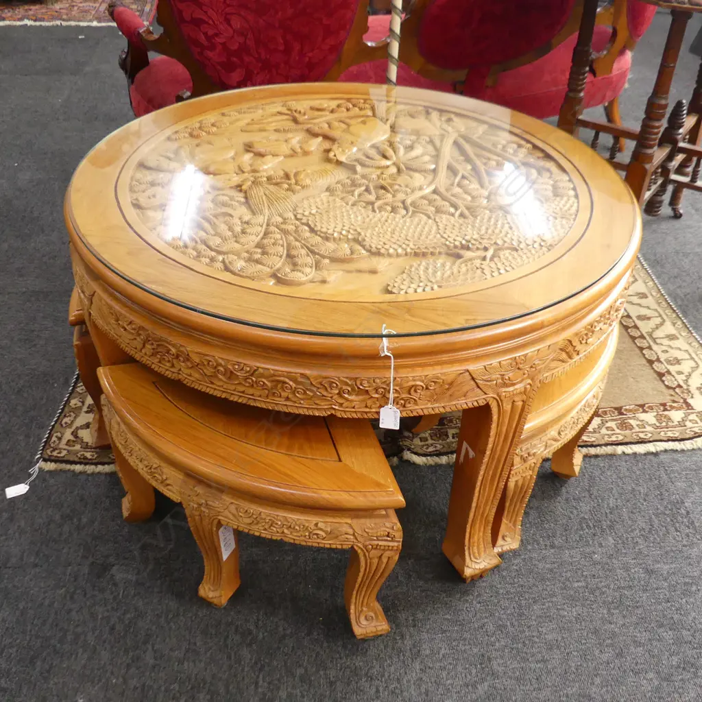 LOW CIRCULAR ORIENTAL CARVED WOODEN TABLE GLASS TOP w. 4 CHAIRS 900mm dia H.510mm Image 1++