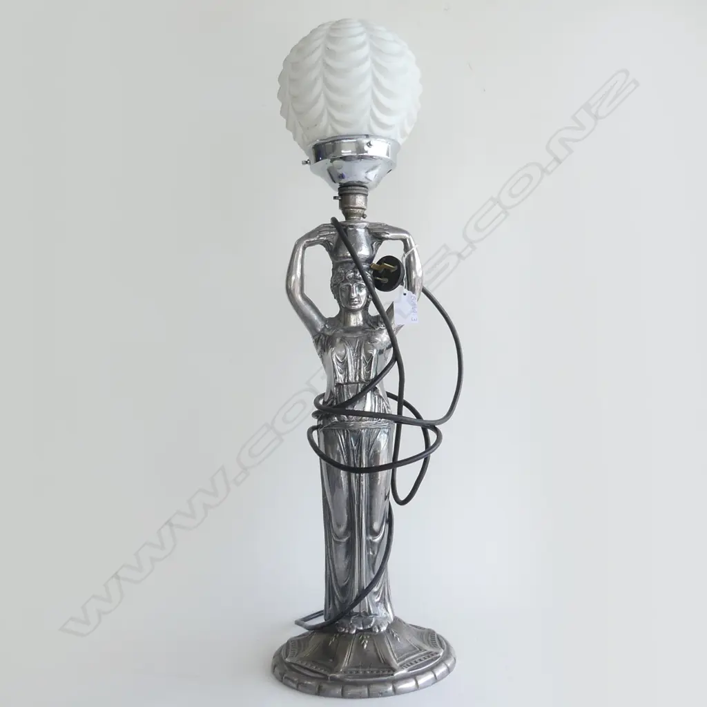 ART NOUVEAU SILVER PLATE FIGURAL TABLE LAMP WITH ROUND BALL FITTING H. 700MM Image 1++