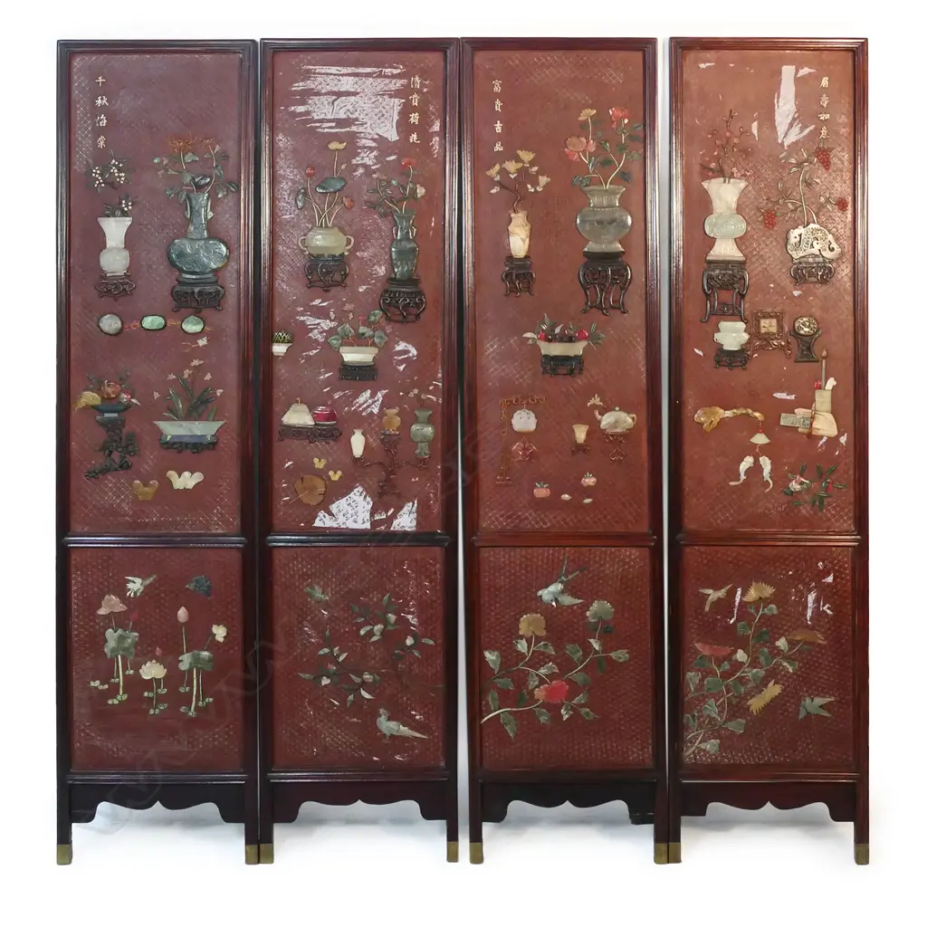 CHINESE FOUR FOLD CINEBAR LACQUER AND HARDSTONE SCREEN each panel 400 x 1650mm Image 1++