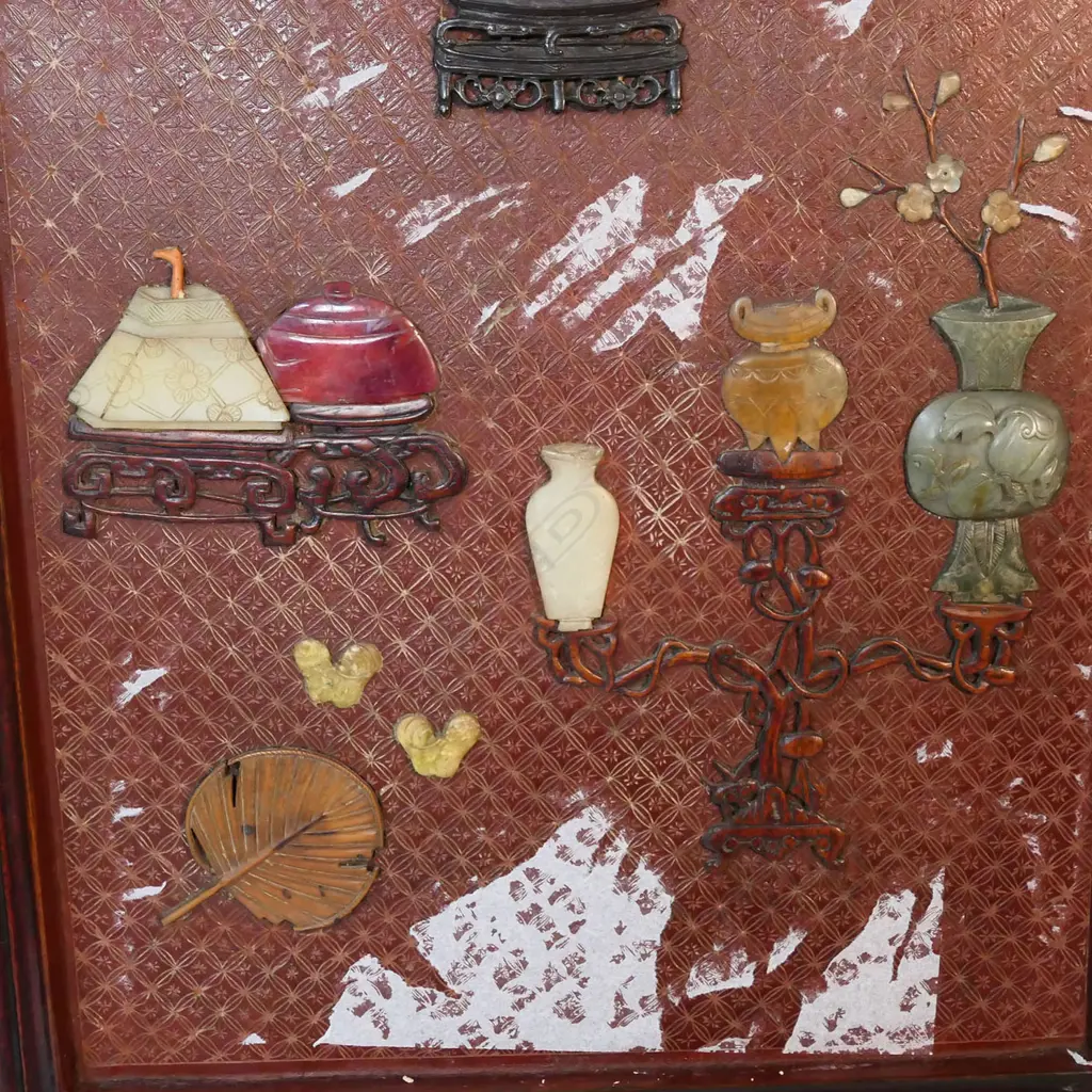 CHINESE FOUR FOLD CINEBAR LACQUER AND HARDSTONE SCREEN each panel 400 x 1650mm Image 1++