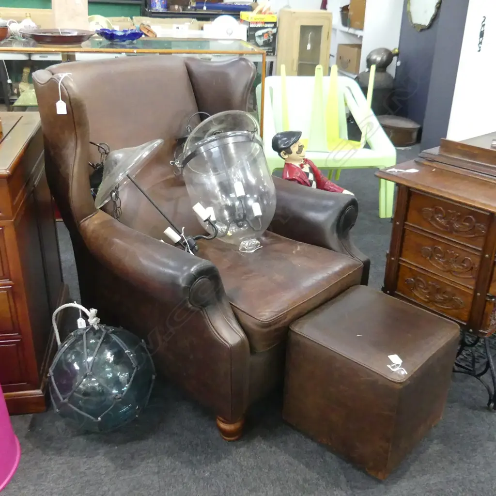 LEATHER WINGBACK 850 x 940 x 970mm PLUS SMALL OTTOMAN Image 1++