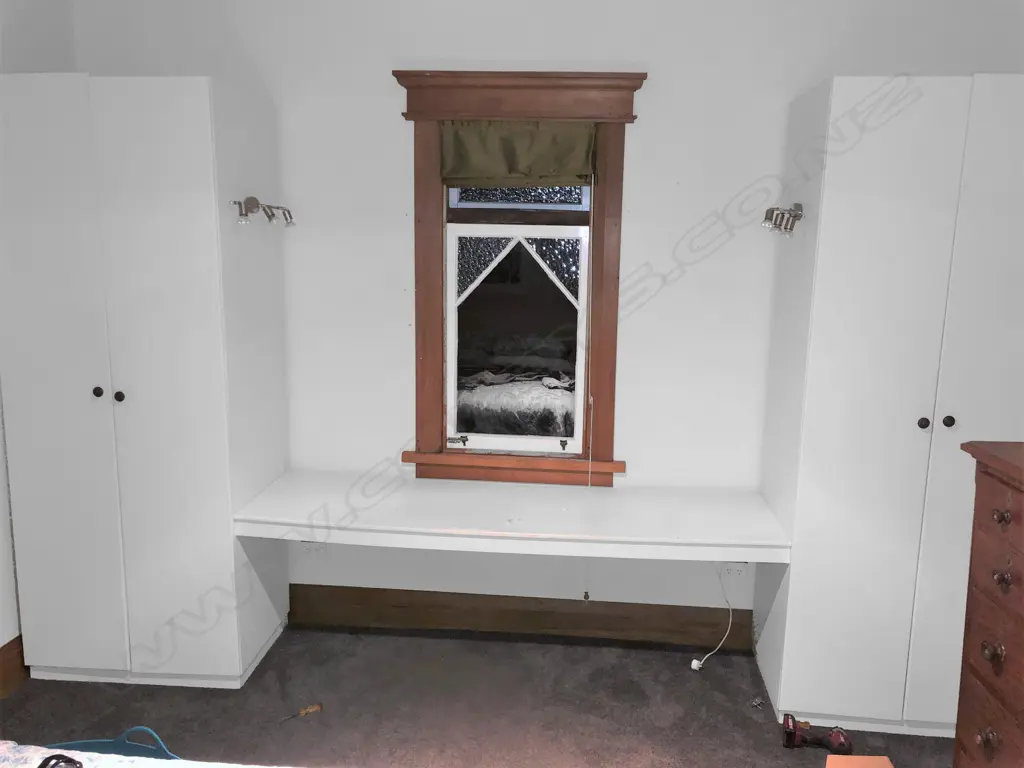 PAIR OF TALL CUPBOARDS 900 X 615 X 1400 MM WITH DESK/SHELF BETWEEN Image 1++