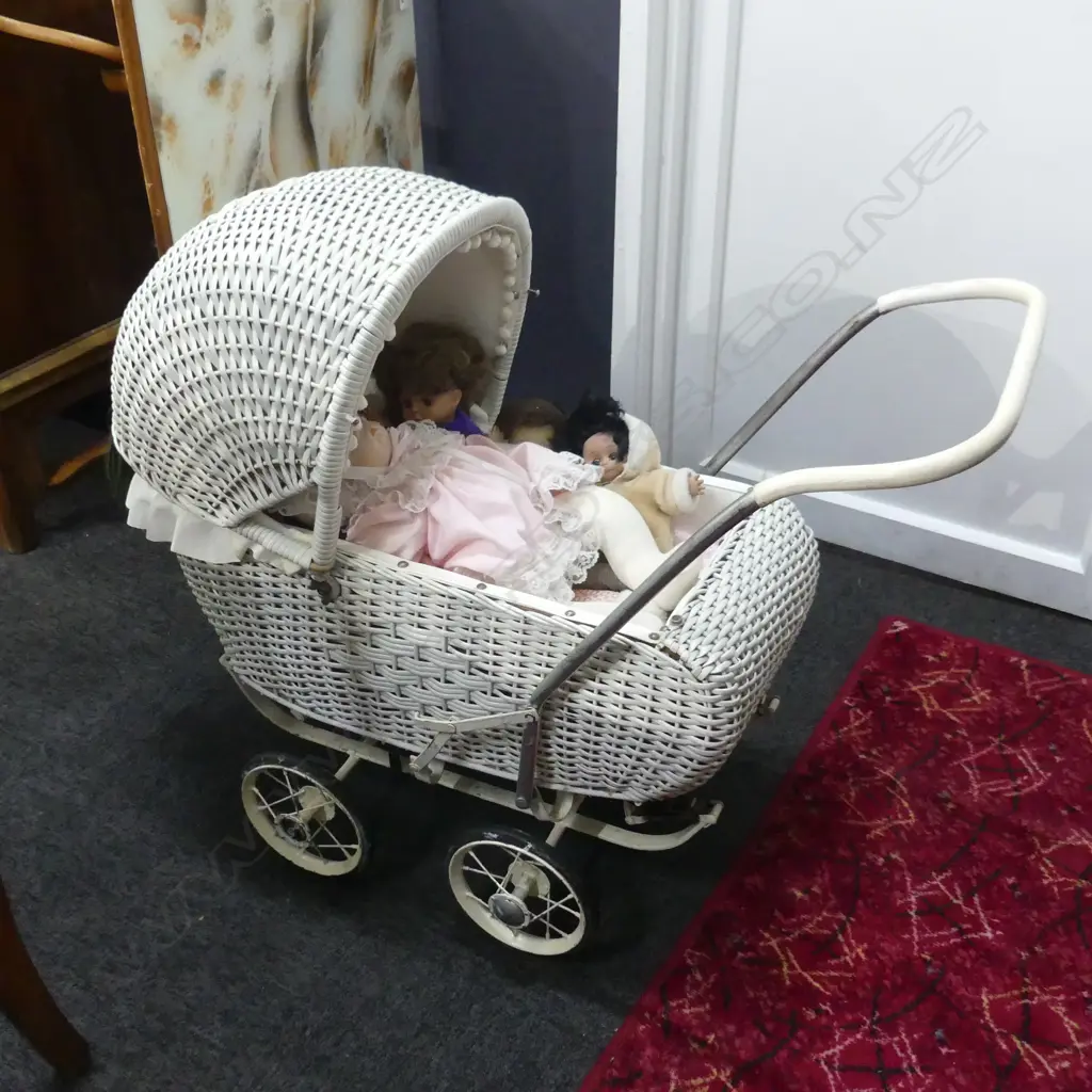 VINTAGE WHITE CANE PRAM + ASST. DOLLS Image 1++