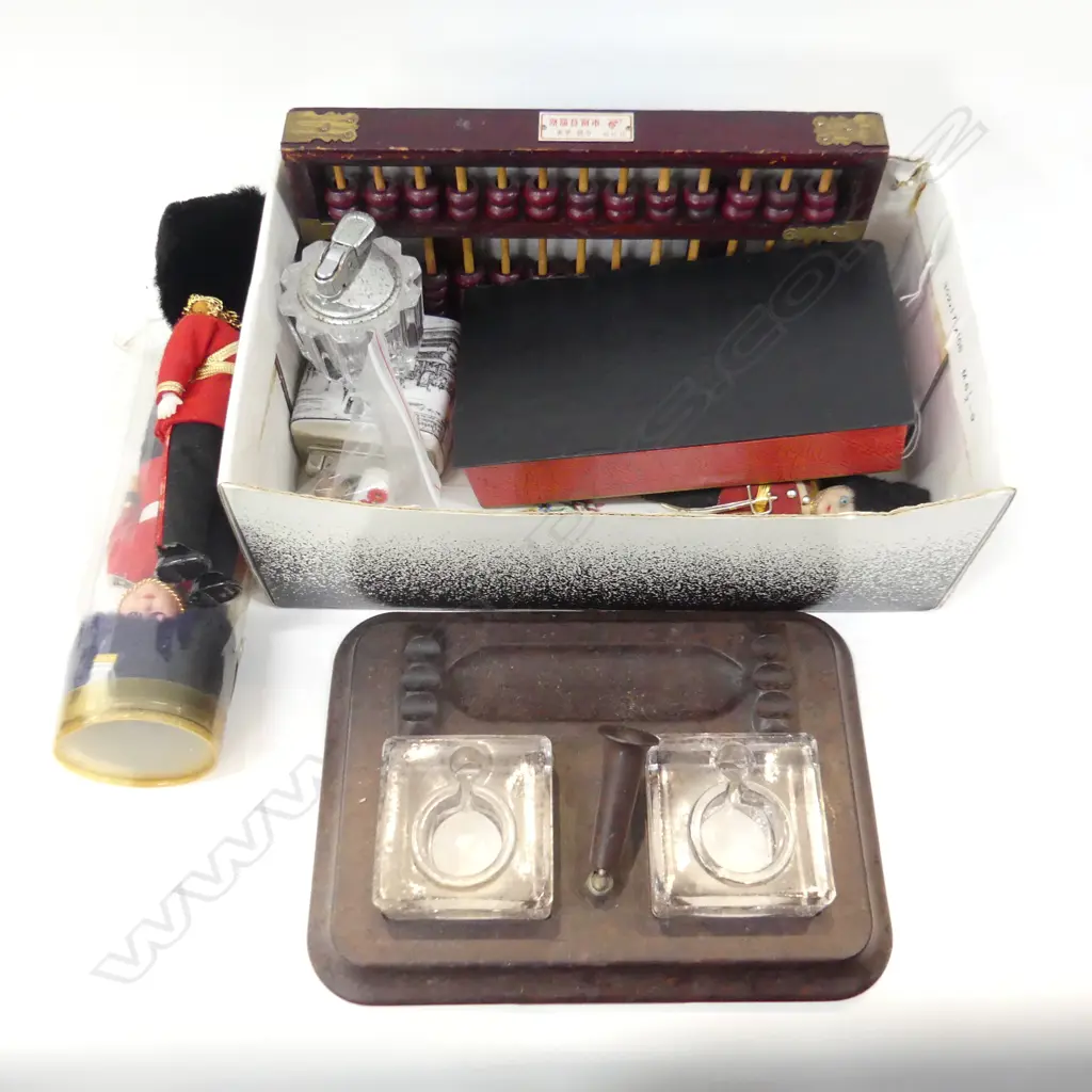 SM BOX MISC INCL OLD INKWELL DESK SET, ABACUS, TABLE LIGHTERS,THIMBLES ETC.. Image 1++
