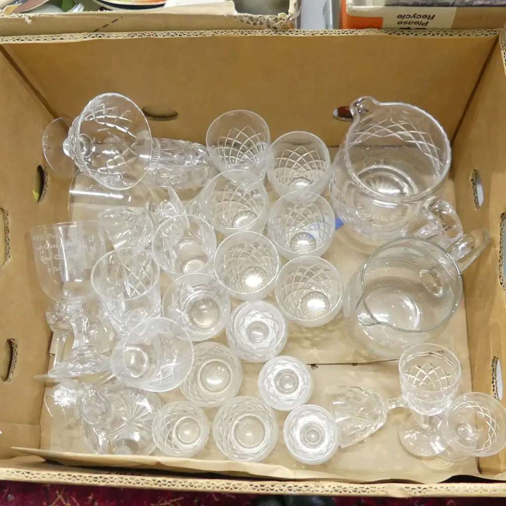 LG BOX LOT ASST CRYSTAL GLASSES, JUGS ETC.. Image 1++