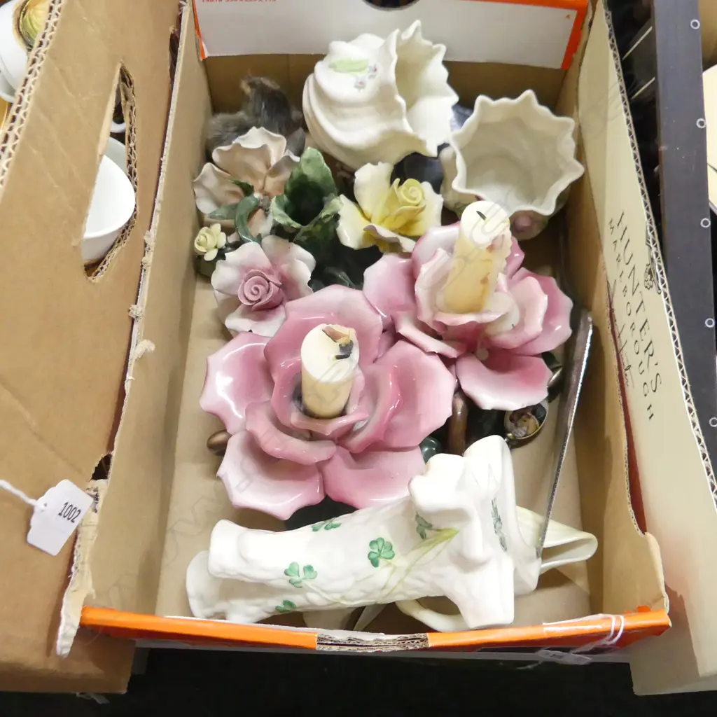 SM BOX MISC INCL ITALIAN FLOWER CANDLE HOLDERS, BELLEEK ETC.. Image 1++