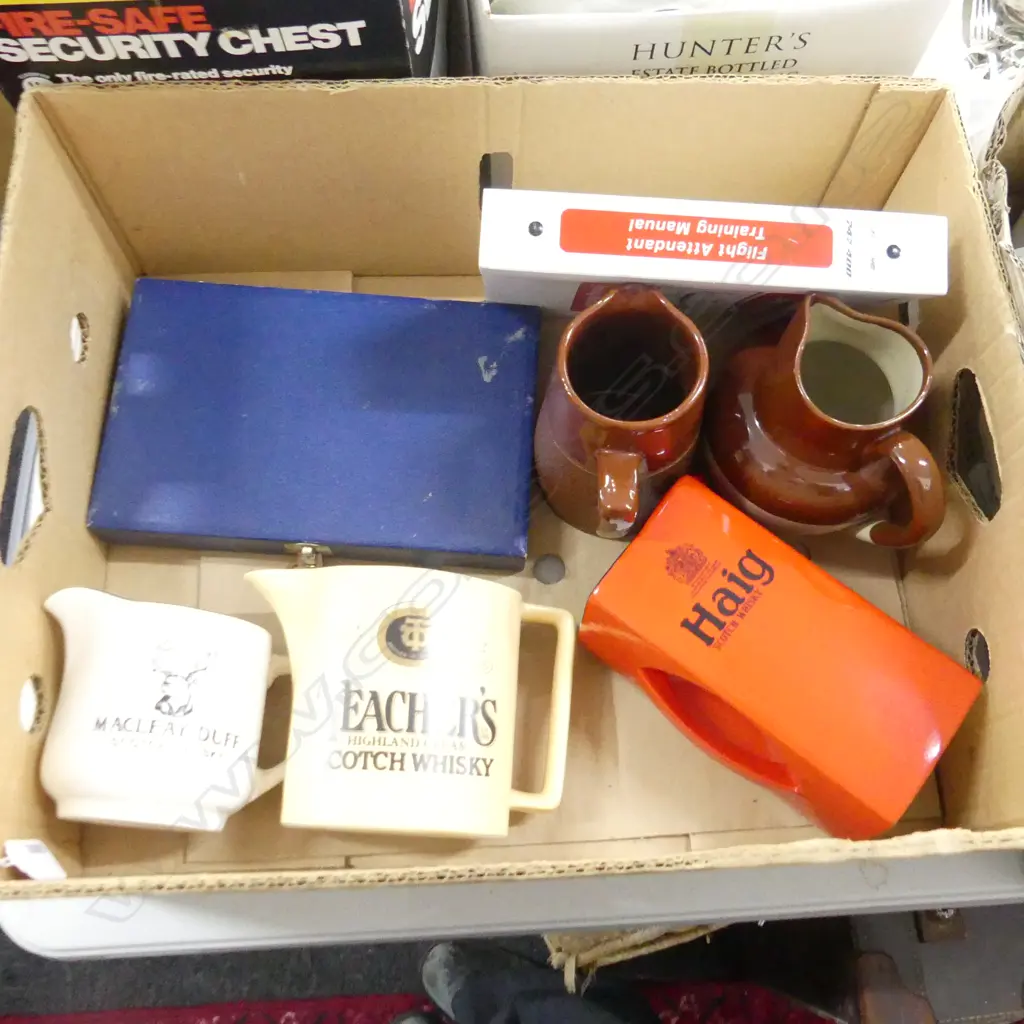 BOX MISC INCL WHISKY JUGS, BENDIGO POTTERY JUG, WILDFLOWER SPOONS & AIR NZ FLIGHT ATTEND. TRAINING MANUAL Image 1++
