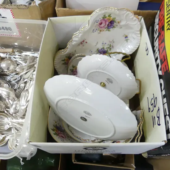 BOX LOT ASST. GOOD CHINA; OLD FOLEY, DERBY, HAMMERSLEY ETC