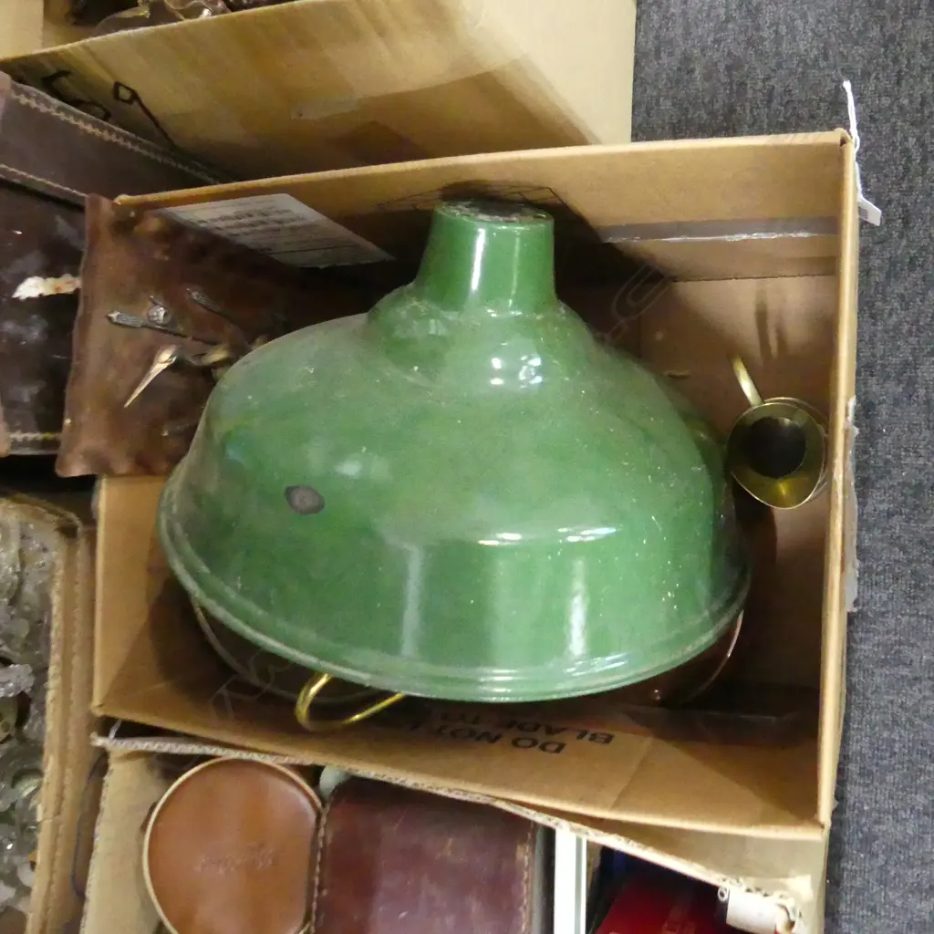 BOX LOT COPPERWARE, GREEN ENAMEL INDUSTRIAL LIGHT Image 1++