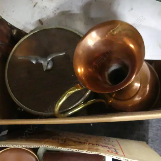 BOX LOT COPPERWARE, GREEN ENAMEL INDUSTRIAL LIGHT