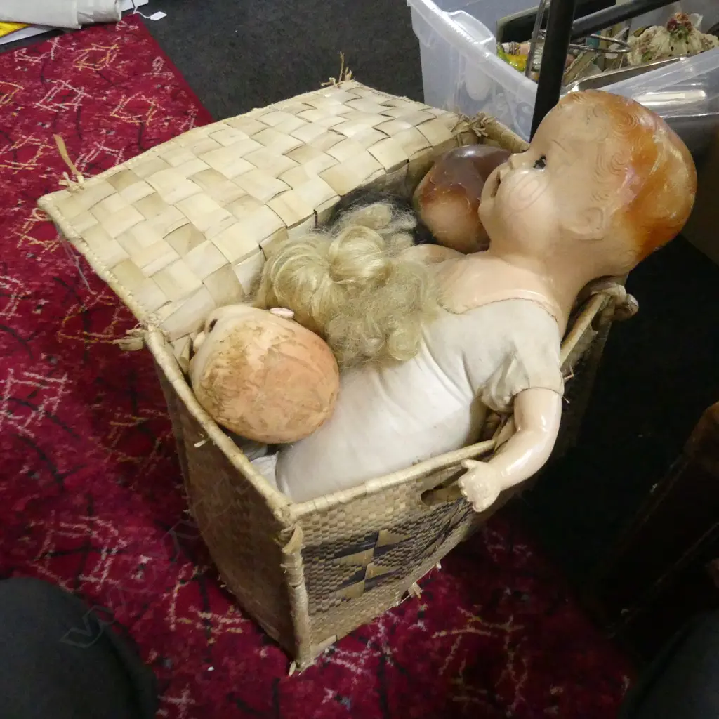 FLAX BASKET OF DOLLS; 2 CELLULOID + 2 PORCELAIN + 1 CELLULOID HEAD Image 1++