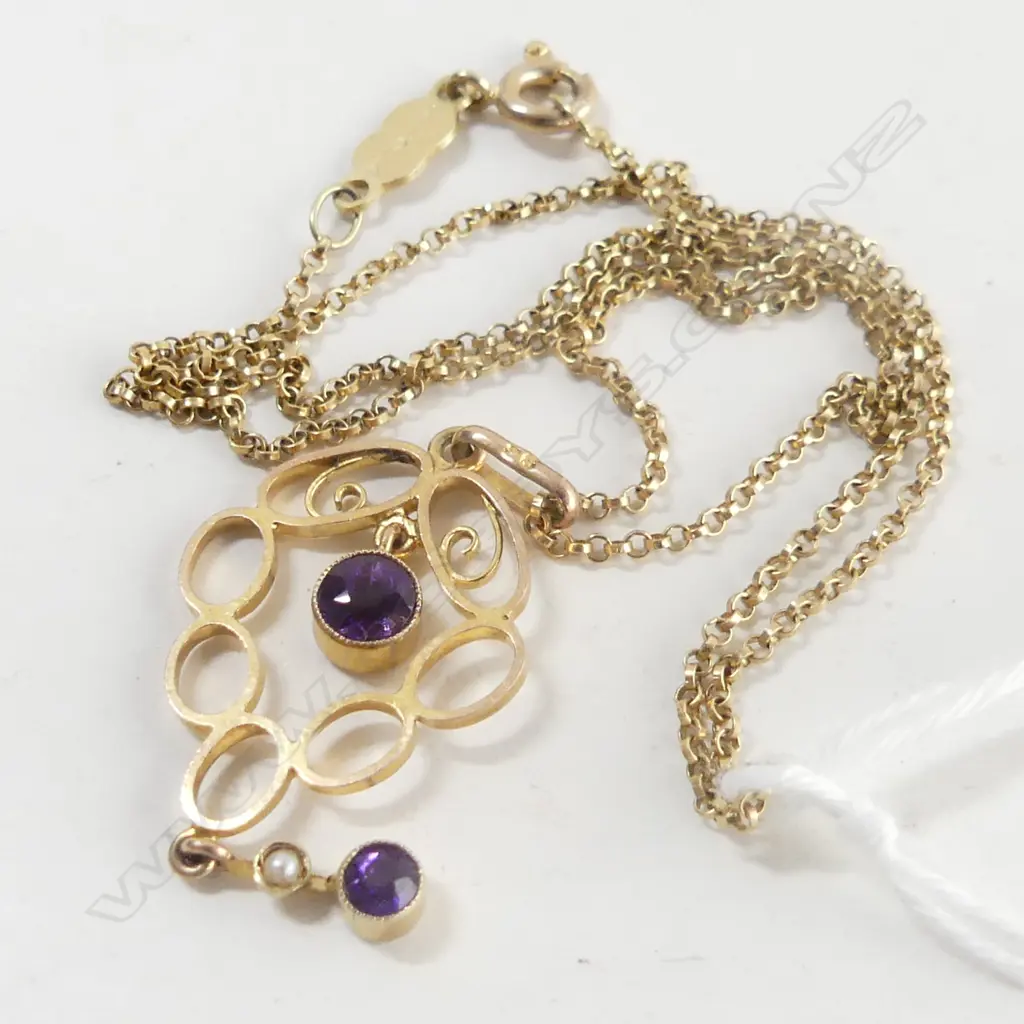 EDW 9CT GOLD AMETHYST PENDANT ON 14CT CHAIN Image 1++