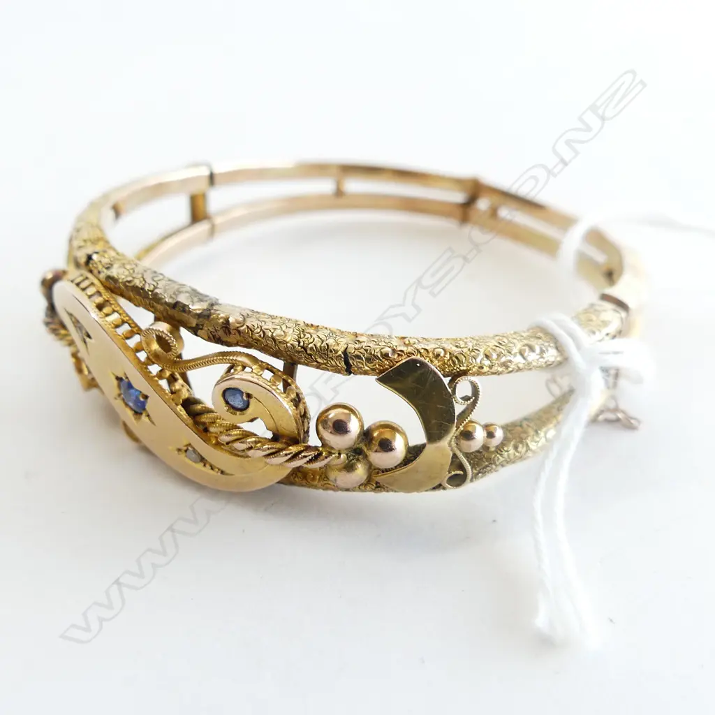 VICTORIAN 9CT GOLD SAPPHIRE/DIAMOND BANGLE (REQUIRES REPAIR) 12gm Image 1++