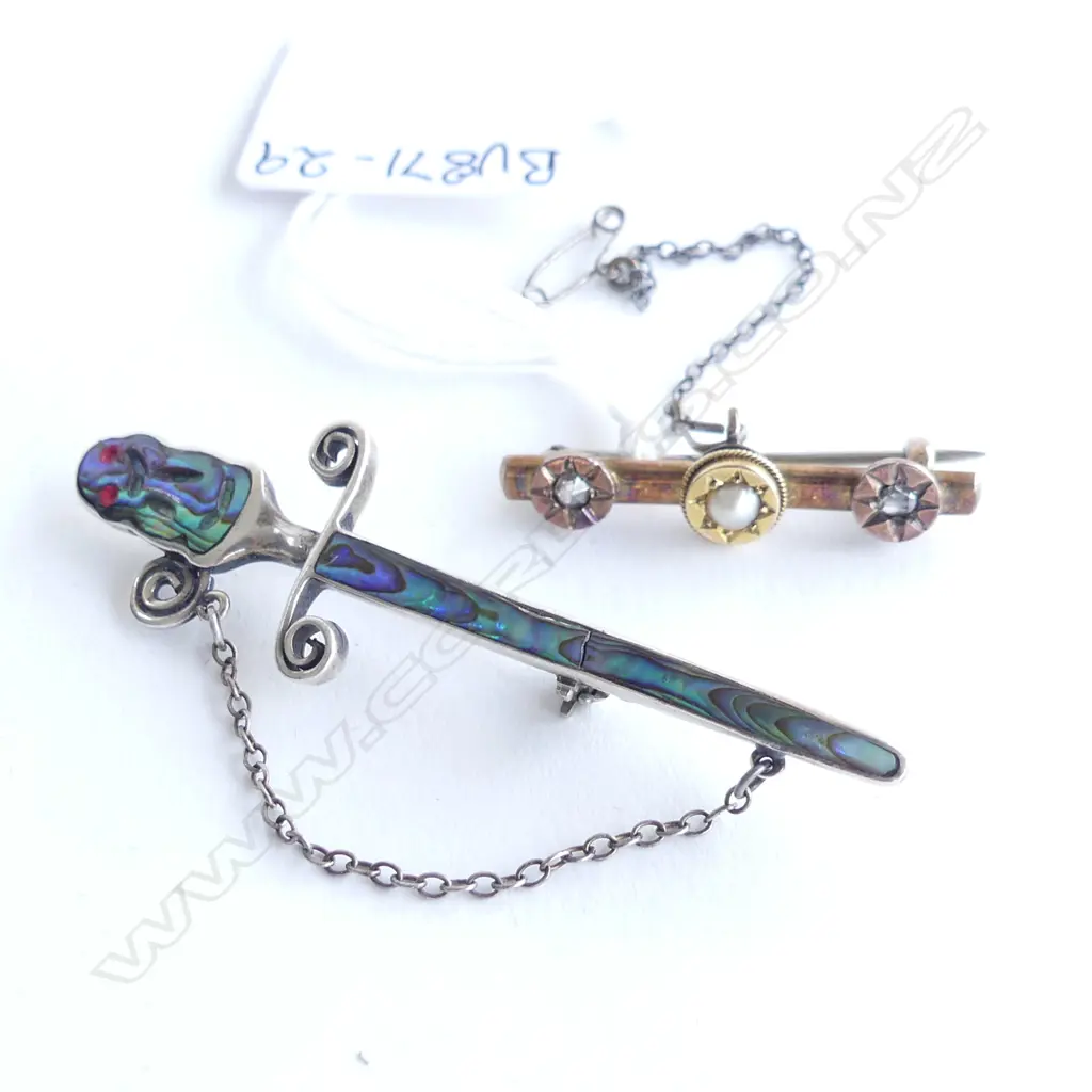 NZ SILVER AND PAUA SWORD/TIKI BROOCH AND VICT. 9CT GOLD DIA PEARL BROOCH Image 1++