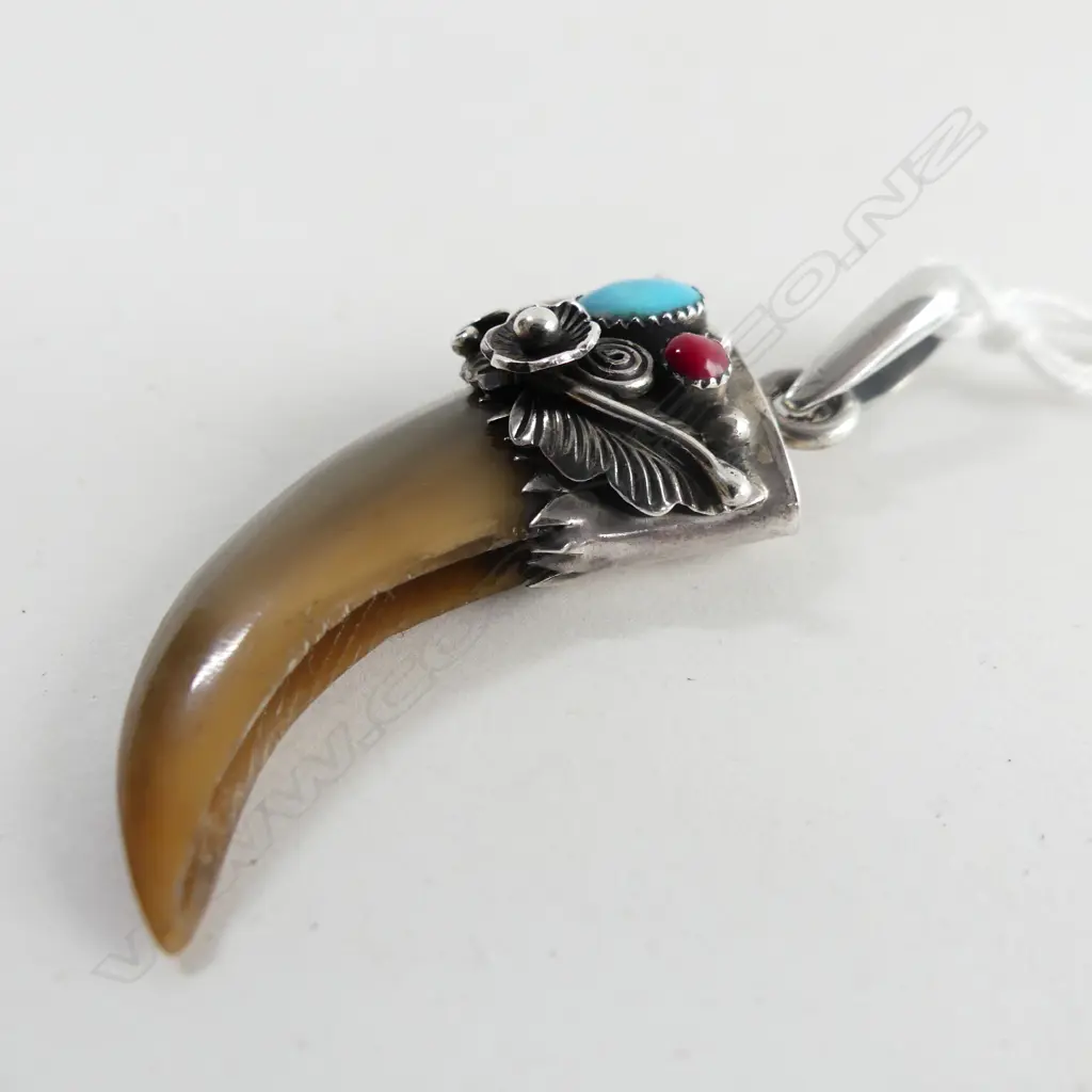 SILVER MOUNTED CLAW/horn? PENDANT W turquoise & red coral Image 1++