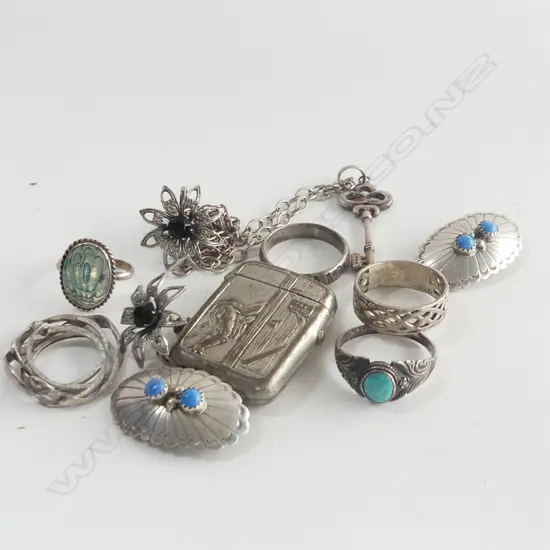 BAG ASST SILVER & S/PLATE RINGS + EARRINGS + VESTA ETC