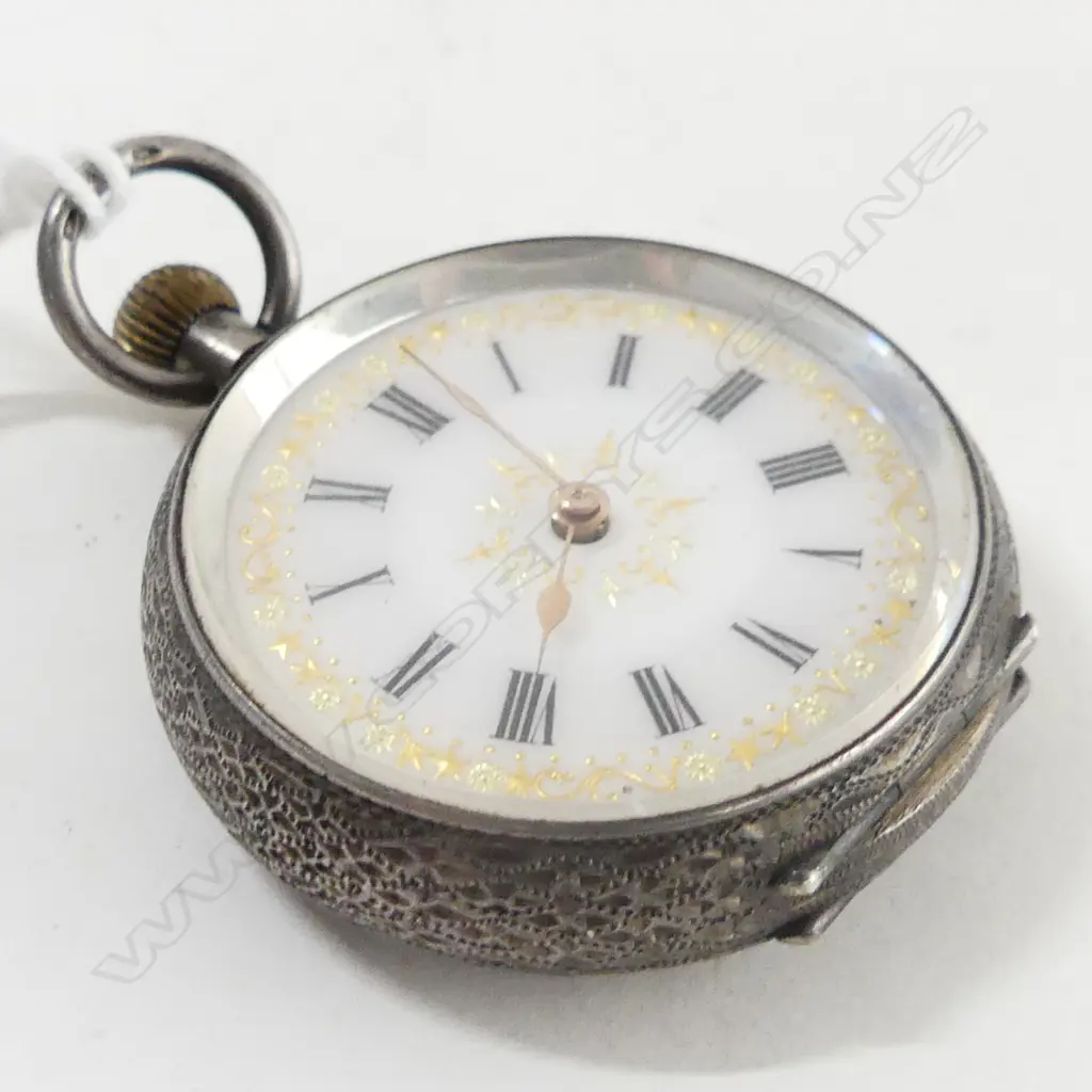 C1900 LADIES FANCY SILVER OPEN FACE POCKET WATCH Image 1++