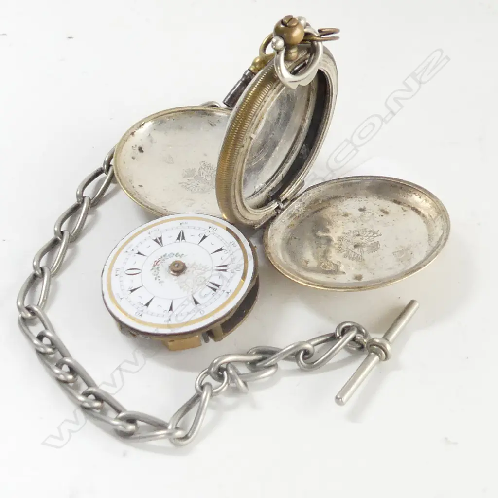 ANTIQUE TURKISH MARKET POCKET WATCH A.F & SILVER FOB CHAIN L.340mm Image 1++