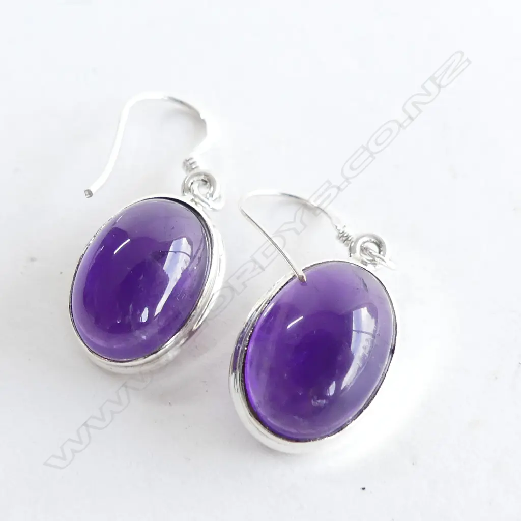 AMETHYST CABOCHON & 925 SILVER DROP EARRINGS Image 1++