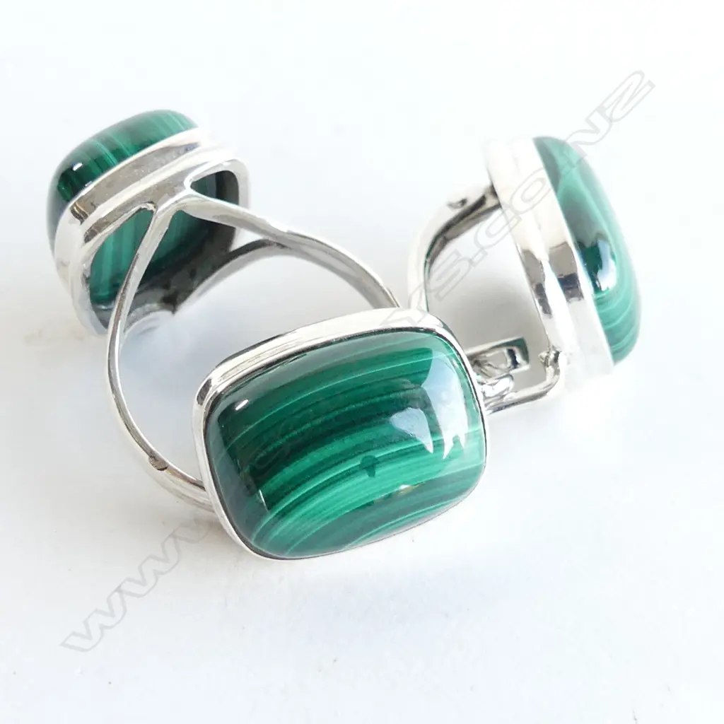 MALACHITE & 925 SILVER RING & EARRINGS WITH EURO STYLE LOCK Image 1++