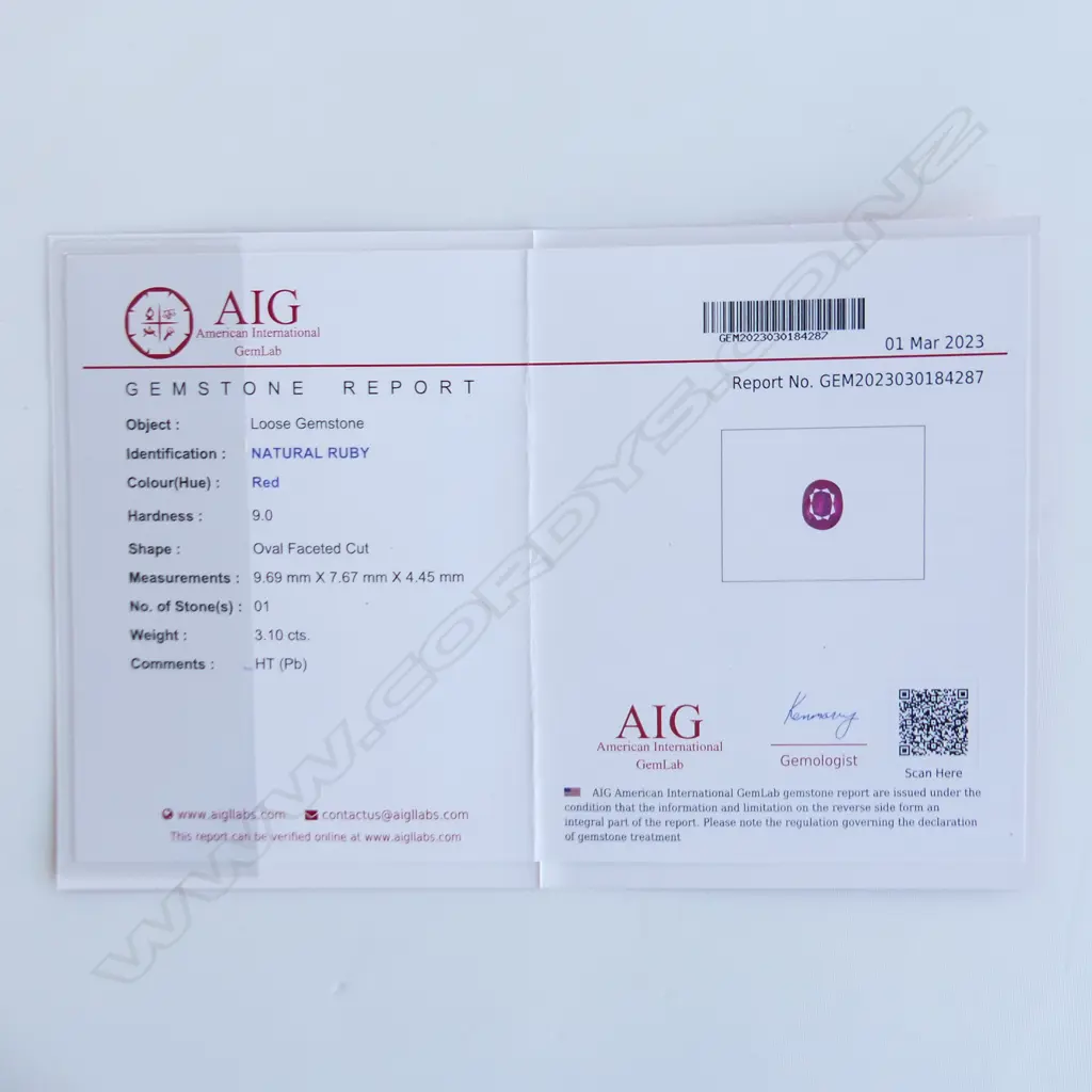RED RUBY/GLASS FILLED GEMSTONE, OVAL FACET CUT, 3.10CTS WITH AIG REPORT Image 1++