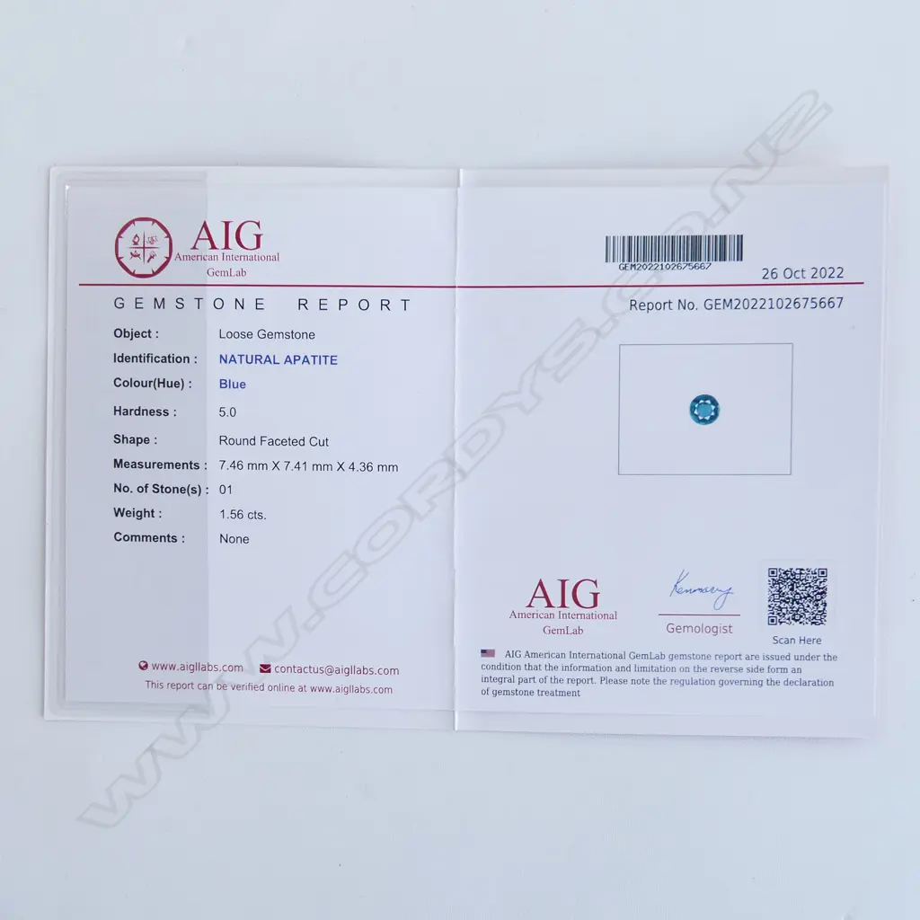 BLUE APATITE GEMSTONE, ROUND FACET CUT, 1.56 CT - WITH AIG REPORT  Image 1++