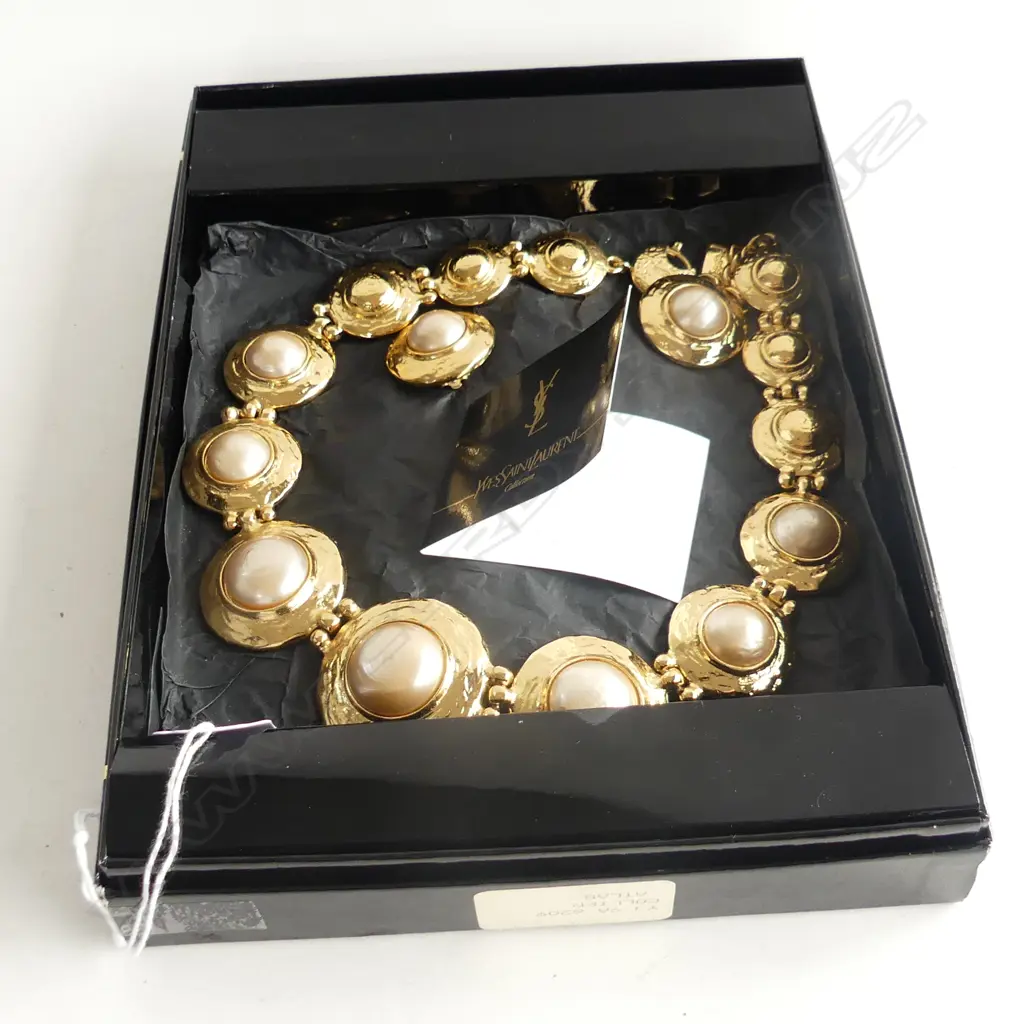 YVES SAINT LAURENT 'COLLIER ATLAS' COSTUME NECKLACE & EARRINGS SET GOLD TONED METAL & FAUX PEARL - MADE IN FRANCE, BOXED Image 1++
