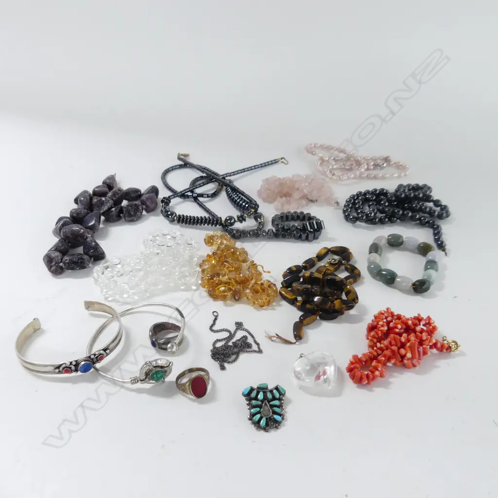 BOX ASST. NECKLACES; PEARL, TIGERS EYE, CORAL, 2 CITRINE BRACELETS (some faults) ETC Image 1++
