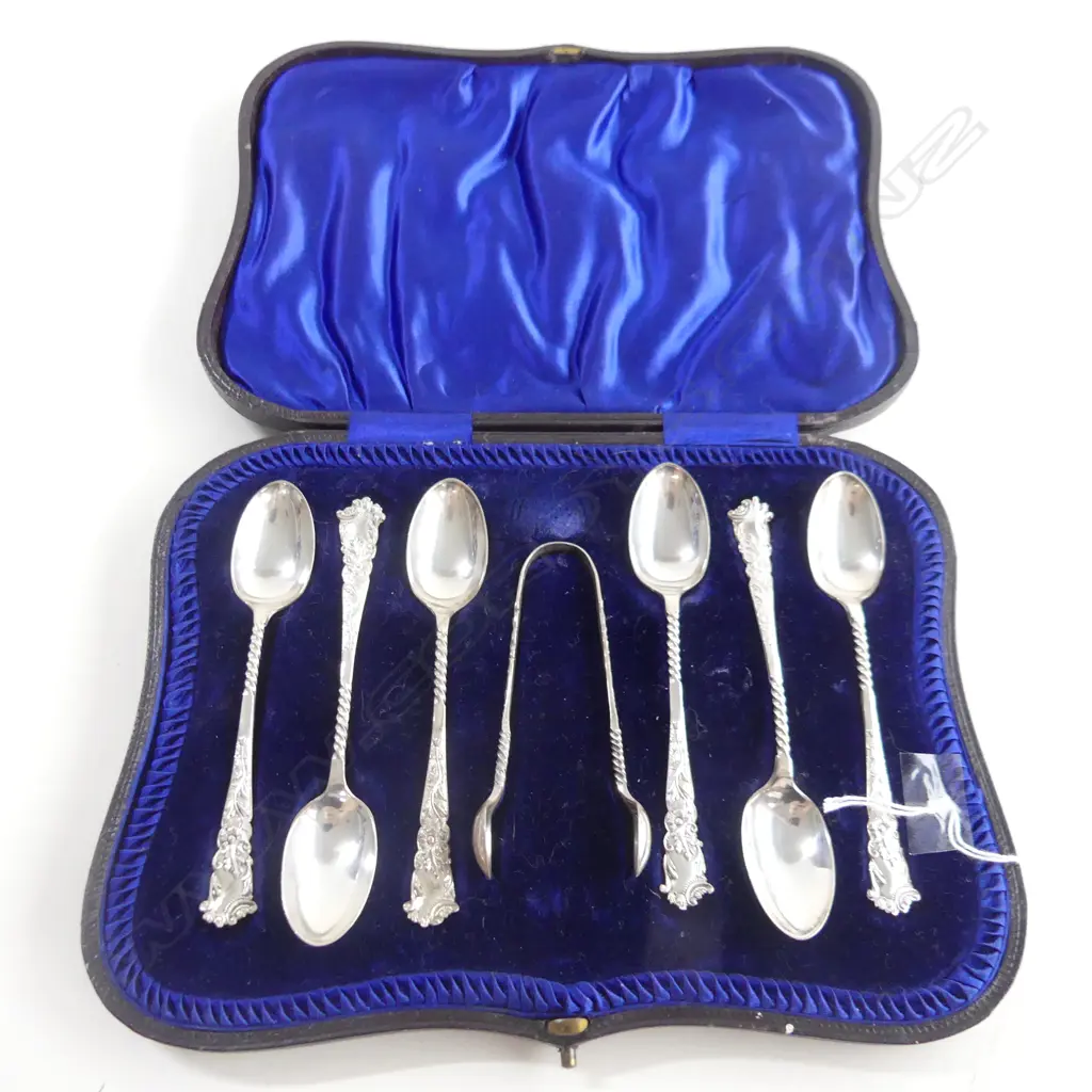 CASED SET 6 STG SILVER COFFEE SPOONS & TONGS 20949 Image 1++