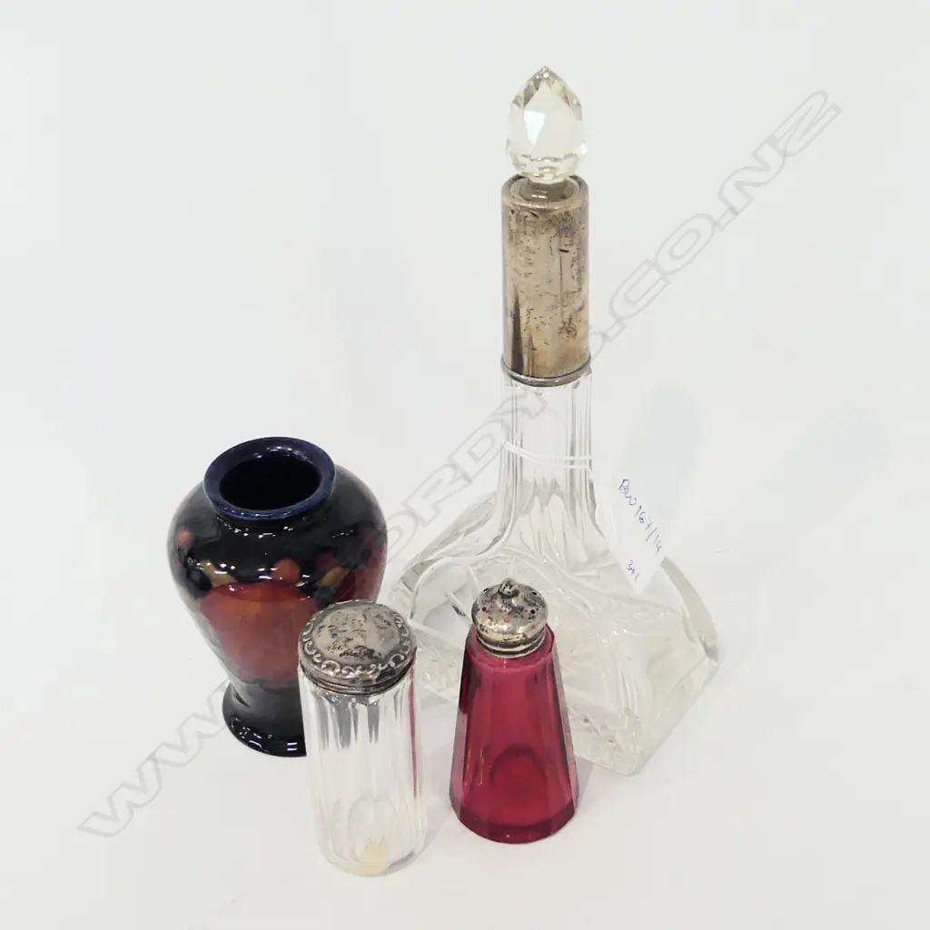 4 PCES; 3 STG TOPPED BOTTLES H.205mm + SMALL MOORCROFT POMEGRANATE VASE H.90mm (chip to base) Image 1++