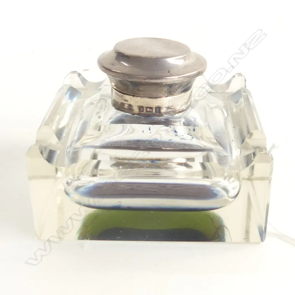STG SILVER CAPPED GLASS DESK TOP INK BOTTLE B'HAM 1924 75x75mm 1009 Image 1++