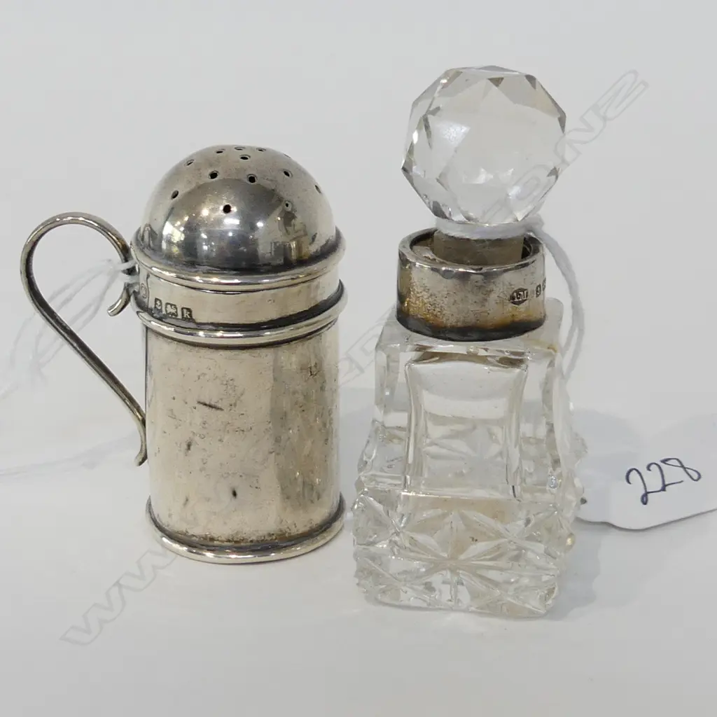 SILVER & CRYSTAL PERFUME BOTTLE + SILVER PEPPERETTE of tankard form Image 1++