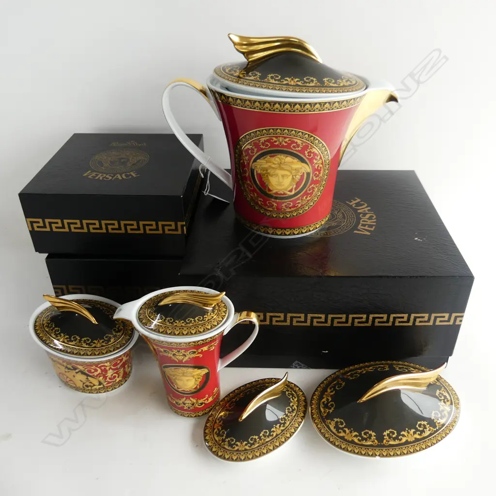 3PC ROSENTHAL VERSACE ‘MEDUSA’ TEASET WITH EXTRA TEAPOT LID & SUGAR BOWL LID, TEAPOT H.210mm Image 1++