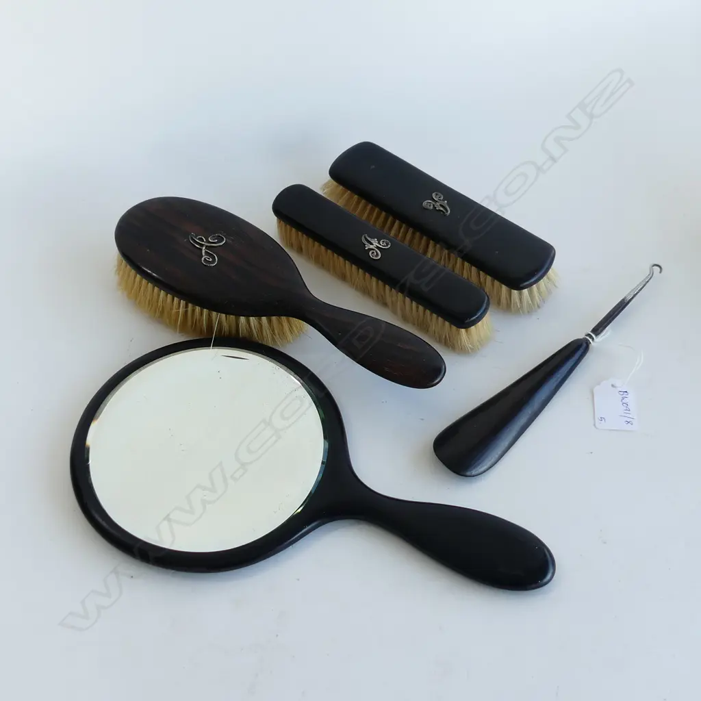 5 PCE EBONY & STG DRESSING SET; 3 BRUSHES, MIRROR & BUTTON HOOK / SHOE HORN Image 1++