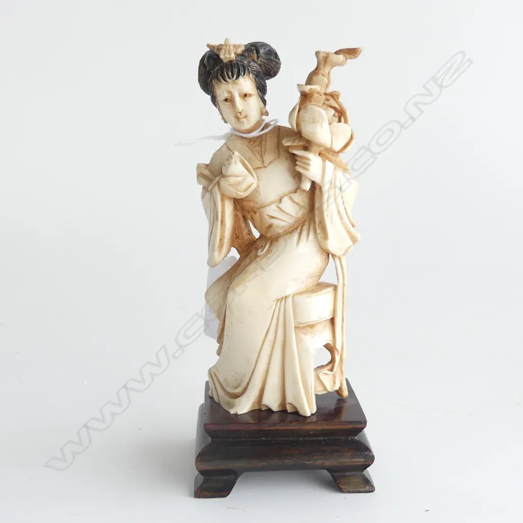 OLD CHINESE CARVED IVORY WOMAN W FLOWERS ON STAND H.155mm Image 1++