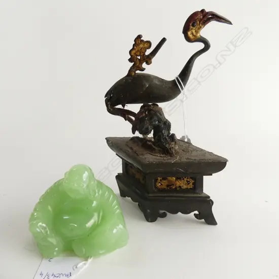 OLD ORIENTAL METAL STORK H.200mm + GREEN GLASS BUDDHA W.90mm