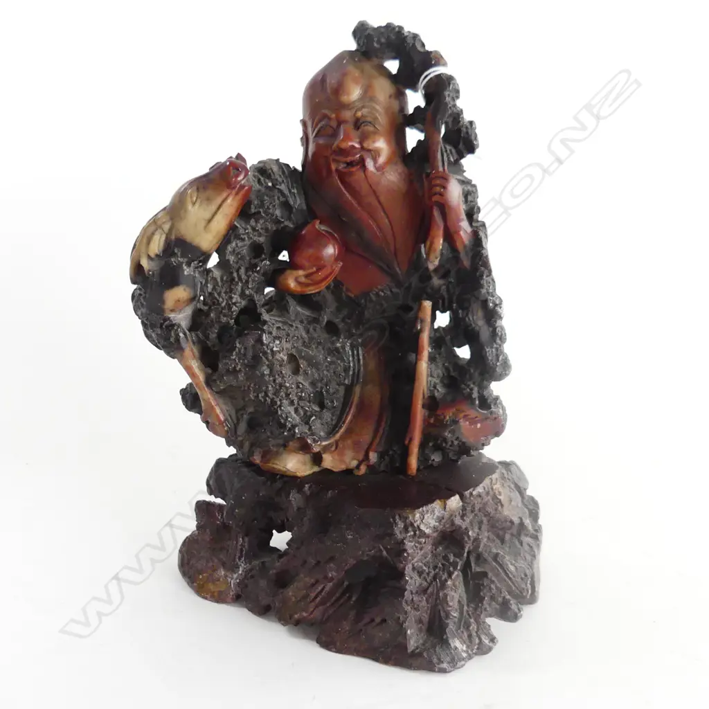 OLD CHINESE SOAPSTONE CARVING SHOULAO W DEER PEACH & STAFF does have breaks. H.230mm Image 1++