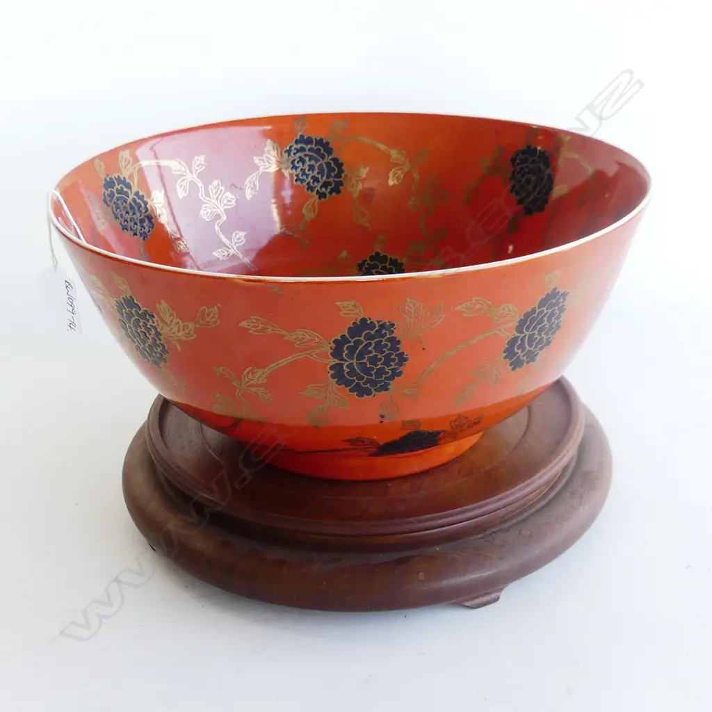 CHINESE RED GLAZED PUNCH BOWL EX. HONGKONG. ON STAND. Dia.305mm Image 1++