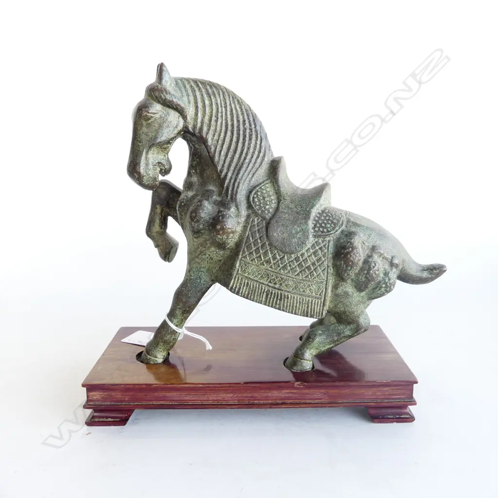 BRONZE TANG HORSE, RAISED ON ONE LEG, ON HARDWOOD STAND, L.230mm, H.210mm Image 1++