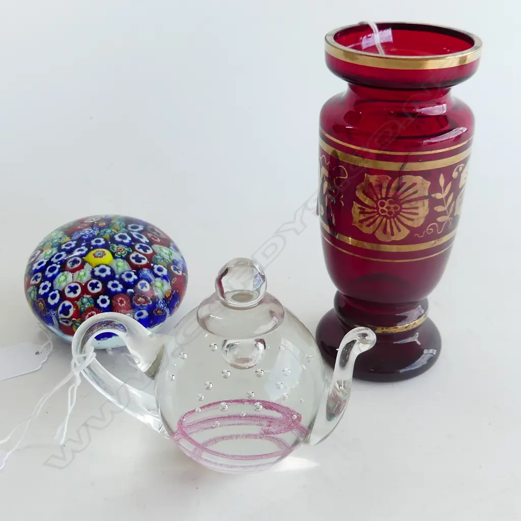 MILLEFIORE PAPERWEIGHT (DIA 80MM) GLASS TEAPOT (H.95MM) + BOHEMIAN RUBY RED GLASS VASE (H. 150MM) Image 1++
